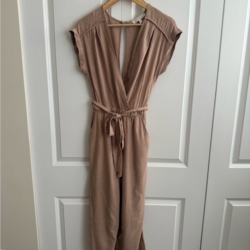Monteau Tan Jumpsuit with Wide-Leg and Tie Waist